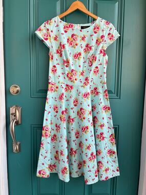 DressyStar Dress Skater Swing Retro Pink Roses on Aqua Cap Sleeves Scoop Neck M